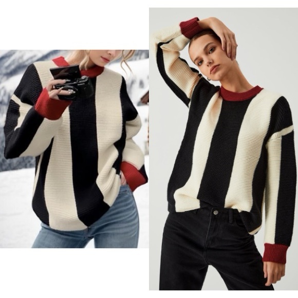Commense Oversized Black White Red Bold Stripes Color Block Soft Knit Sweater - Picture 3 of 14